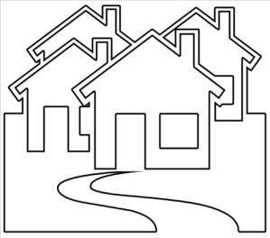 Image is of four clip art houses and a winding road leading to them